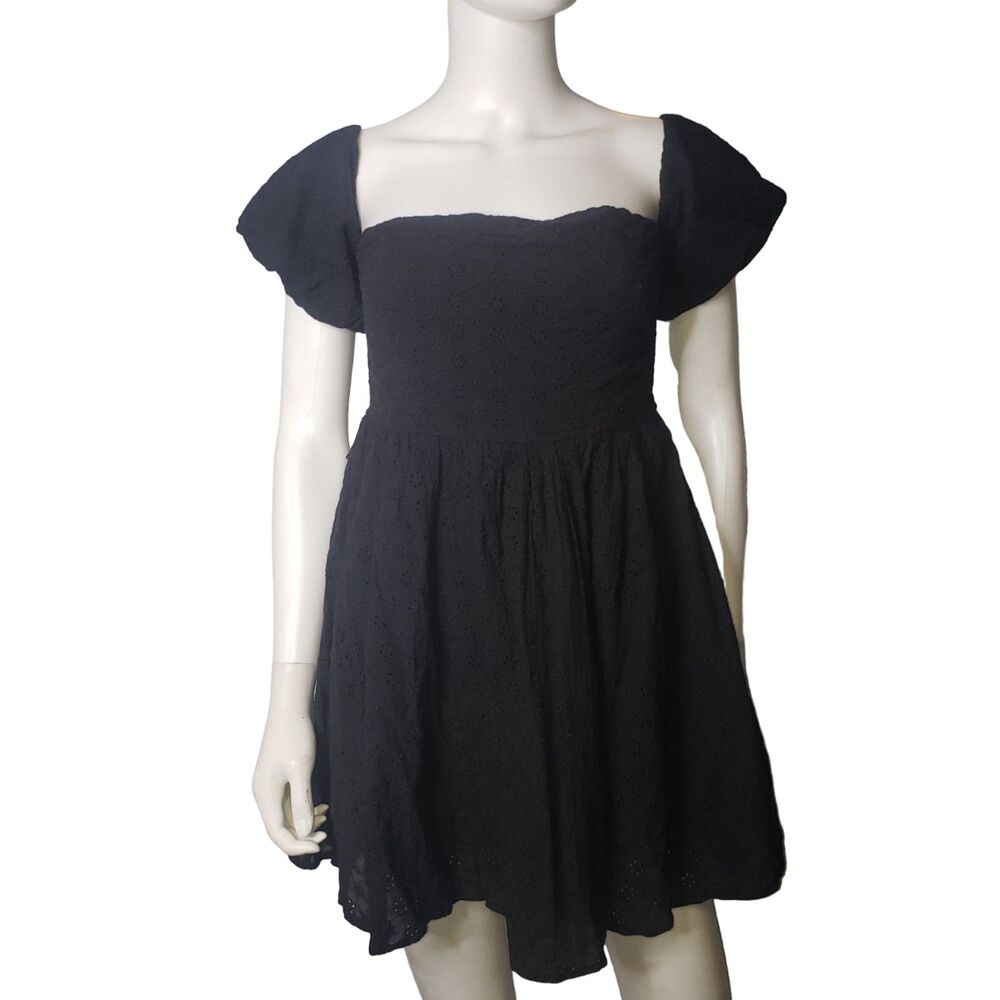 LULUS Black Eyelet Puff Sleeve Off the Shoulder Mini Dress Womens Size Medium